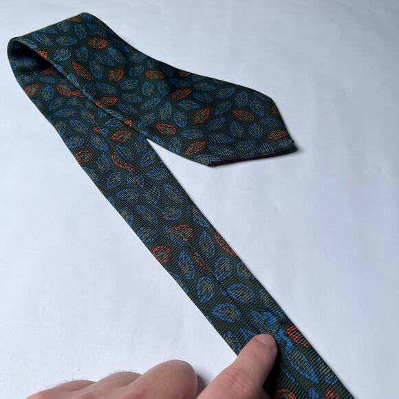 Harrods Knightbridge Silk Tie Green Stylized Leaf Like Pattern Blue Orange - Picture 4 of 7